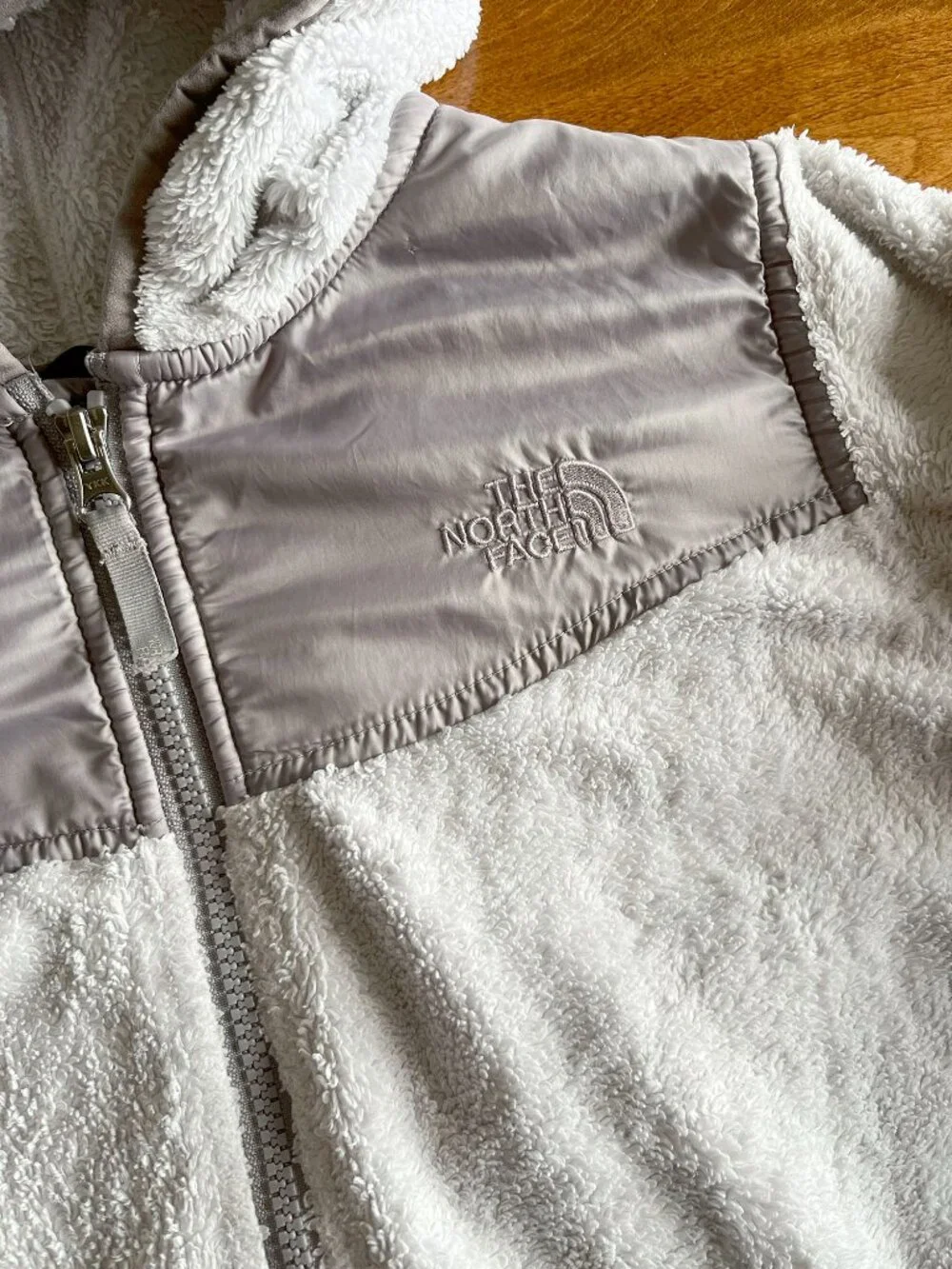 The North Face white and gray fleece hoodie L 14/16